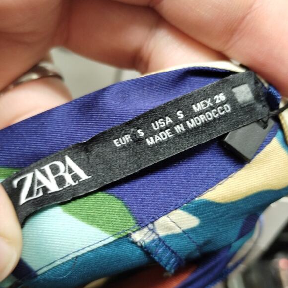 ZARA NWT Size Small Blue & Green Floral Satin Short Sleeve Belted Jumpsuit - Picture 4 of 8